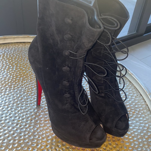 Christian Louboutin Open toe Suede Short Boots 38 Black Authentic - Picture 10 of 14